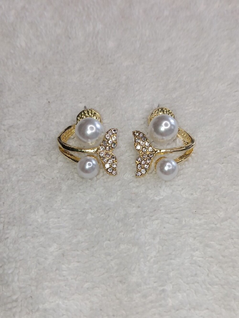 Gold Pearl and Crystal Jacket Style Fish Tail Earrings